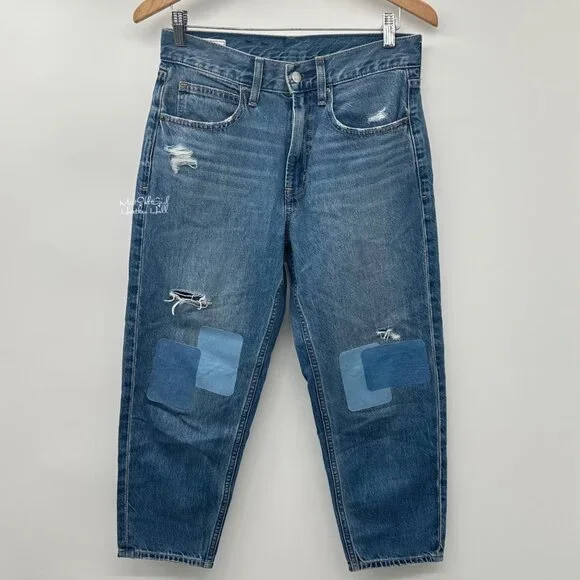 Gap High-Rise Patch Distressed Barrel Jeans Size 26 Petite - Picture 1 of 6